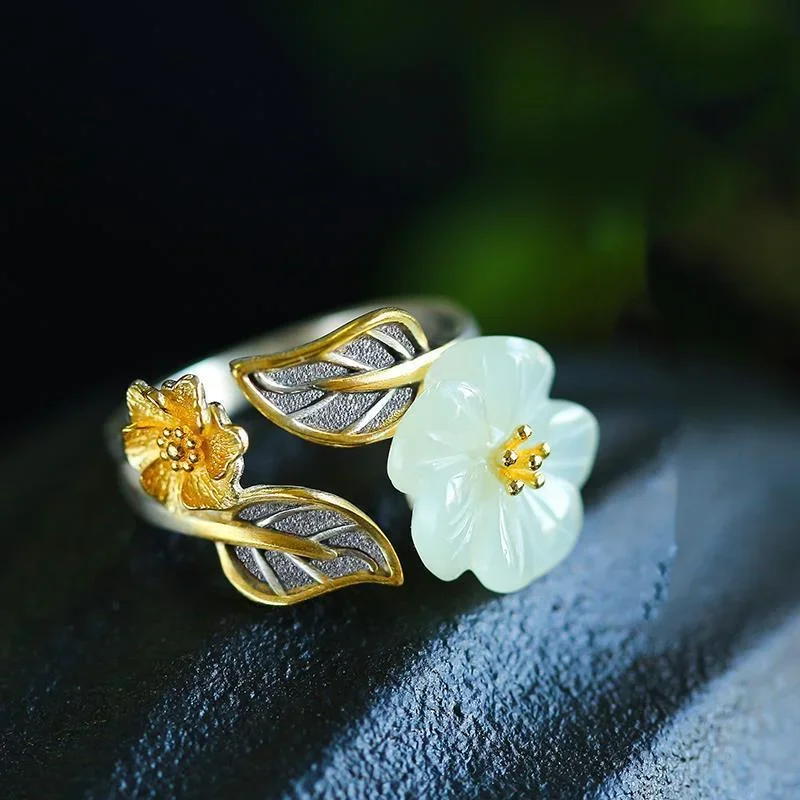 Men'S Fashion Rings - 925 Perak Putih Hetian Giok Bunga