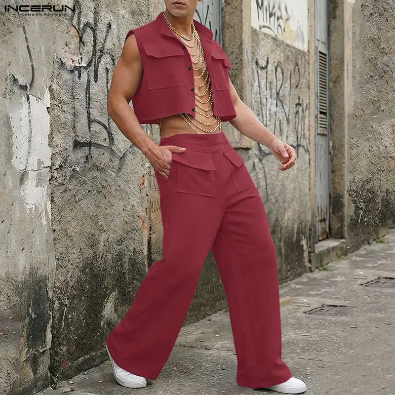 Mens Fashion Ideas - INCERUN Set Pria Atasan Crop Tanpa