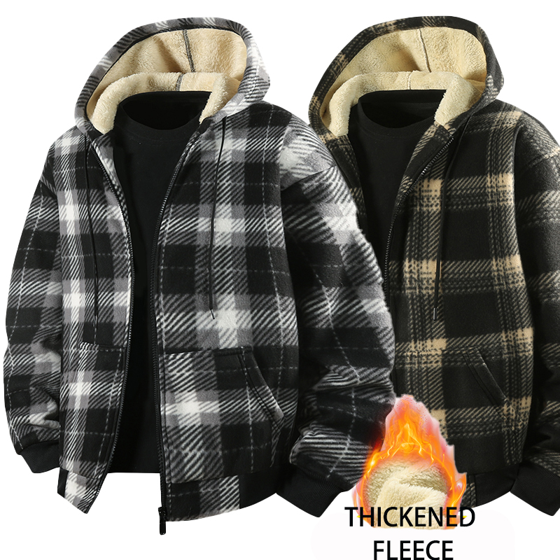 Men'S Fashion Line - Jaket Kemeja Kotak-kotak Berlapis Fleece Kasual