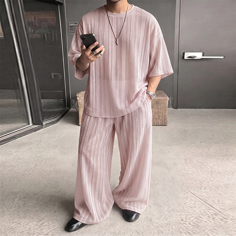Men'S Fashion Loose Pants - INCERUN Setelan Pria Bergaris Transparan Kaos